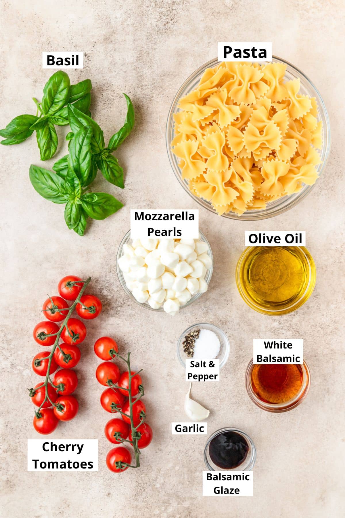 ingredients for caprese pasta salad.