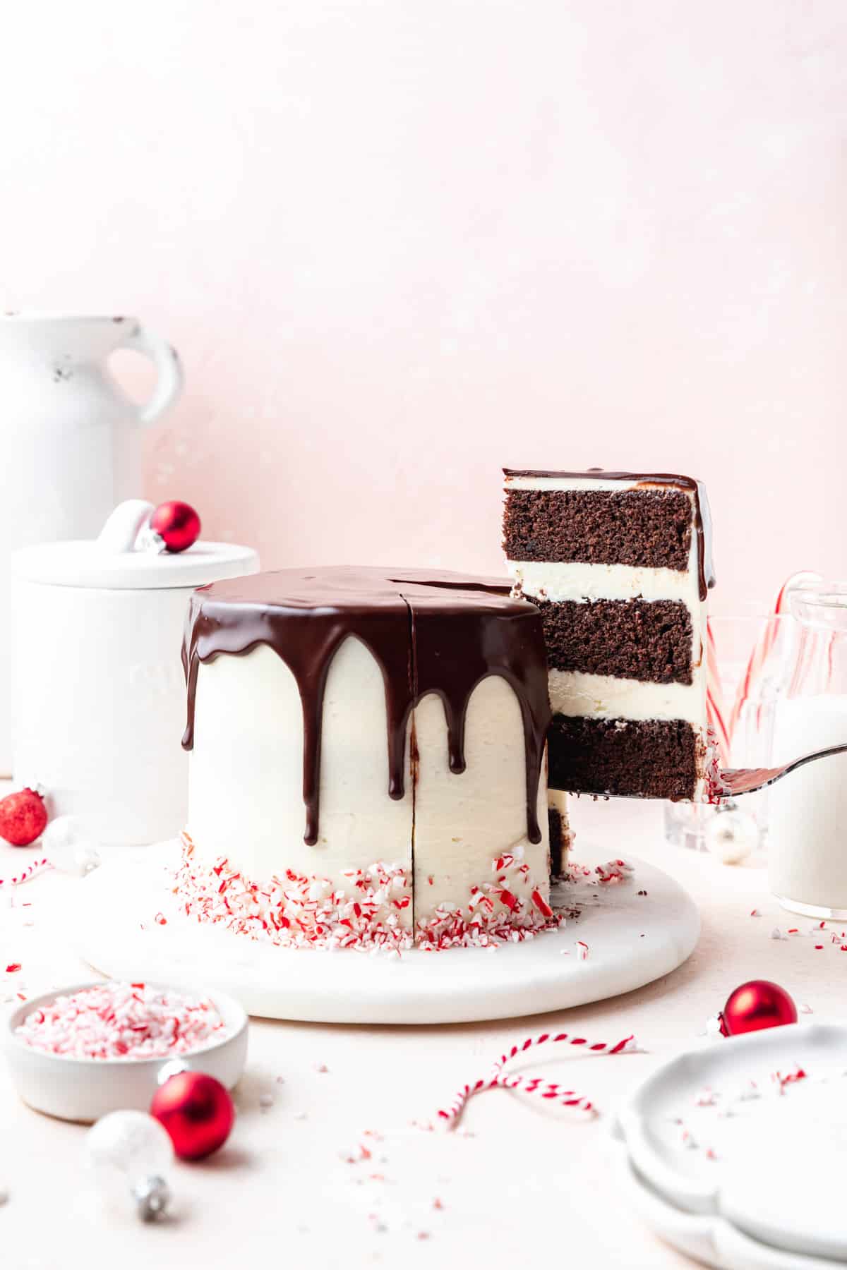 decorated chocolate peppermint layer cake.