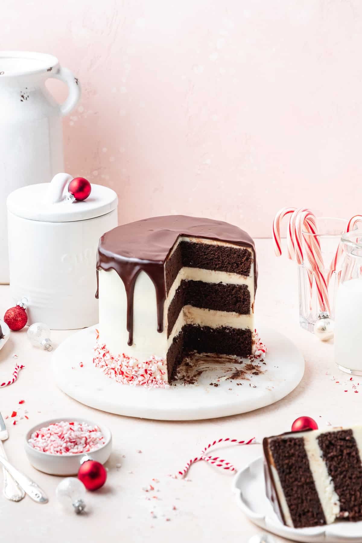 slice taken out of chocolate peppermint cake.