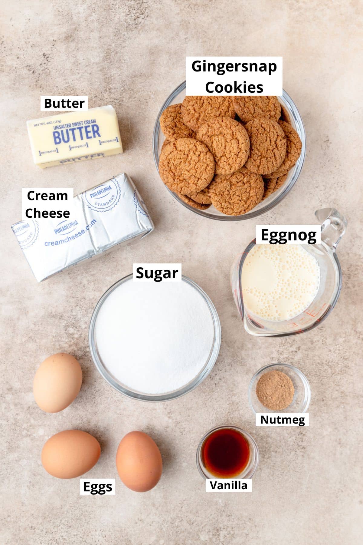 ingredients for eggnog cheesecake.