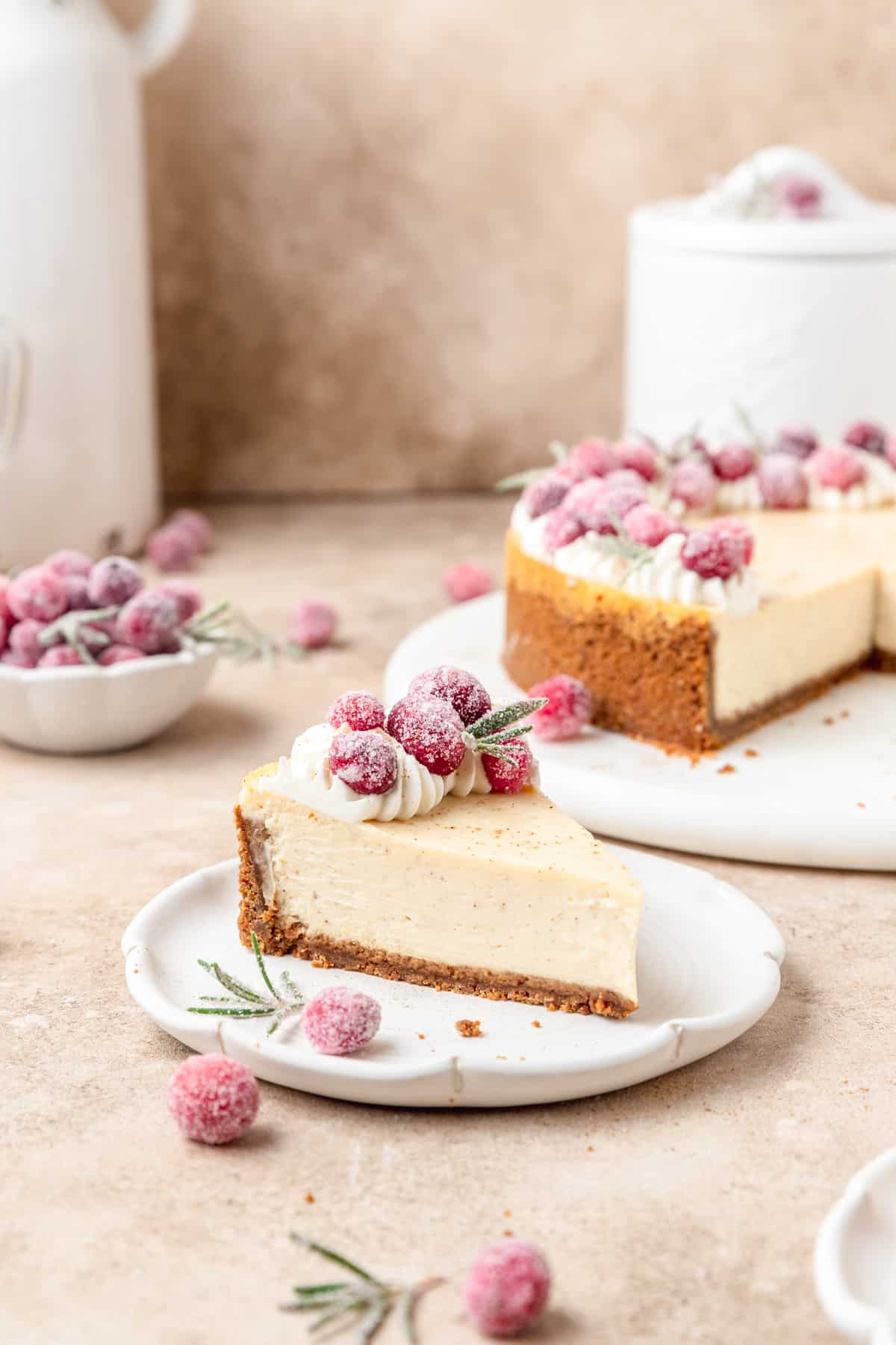 slice of eggnog cheesecake on plate.