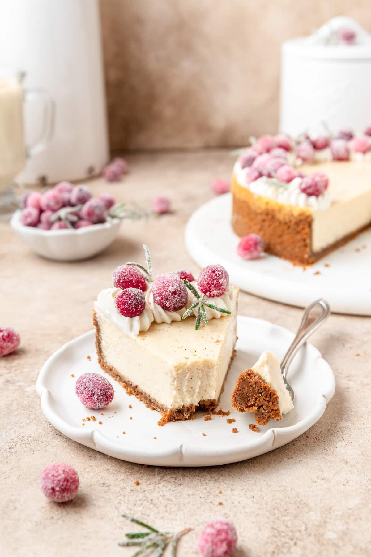 slice of eggnog cheesecake with bite taken out.