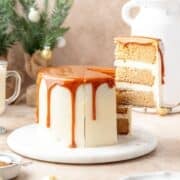 spiced eggnog layer cake topped with salted caramel.