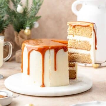 spiced eggnog layer cake topped with salted caramel.