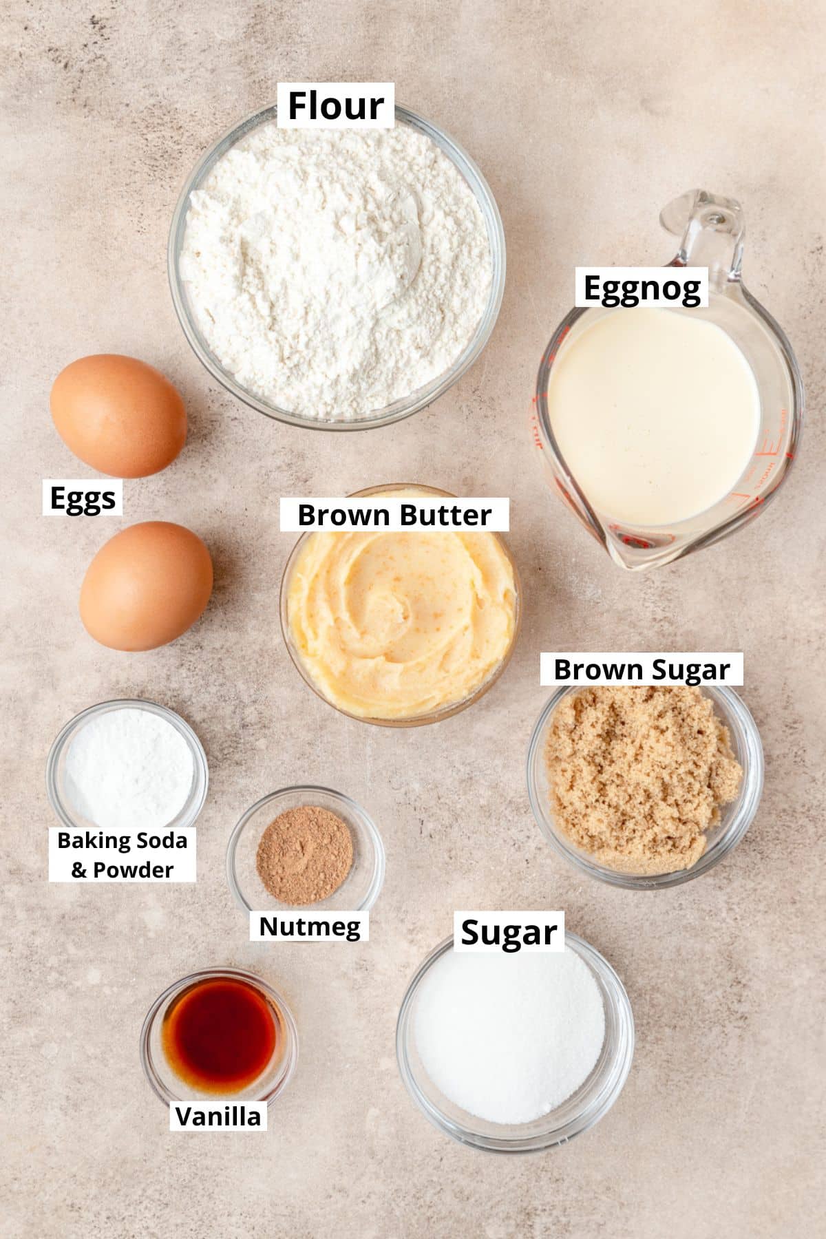 ingredients for eggnog muffins.