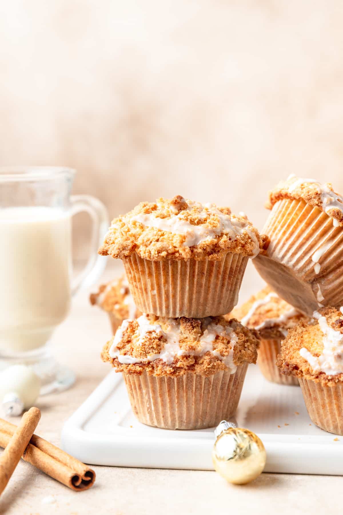 stack of brown butter eggnog muffins.