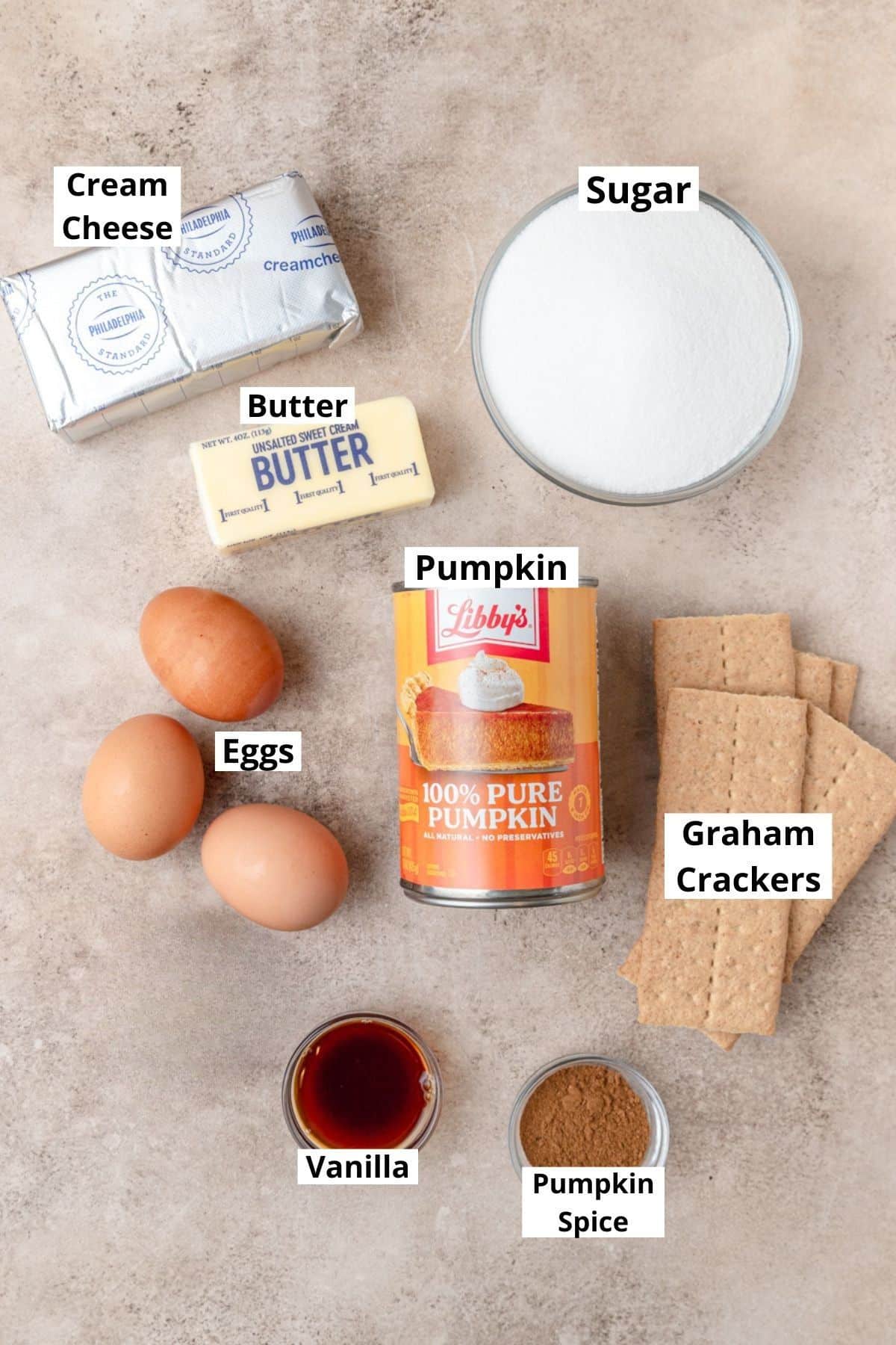 ingredients for pumpkin cheesecake.