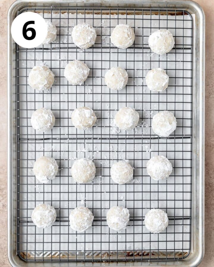 snowball cookies after first roll in powdered sugar.