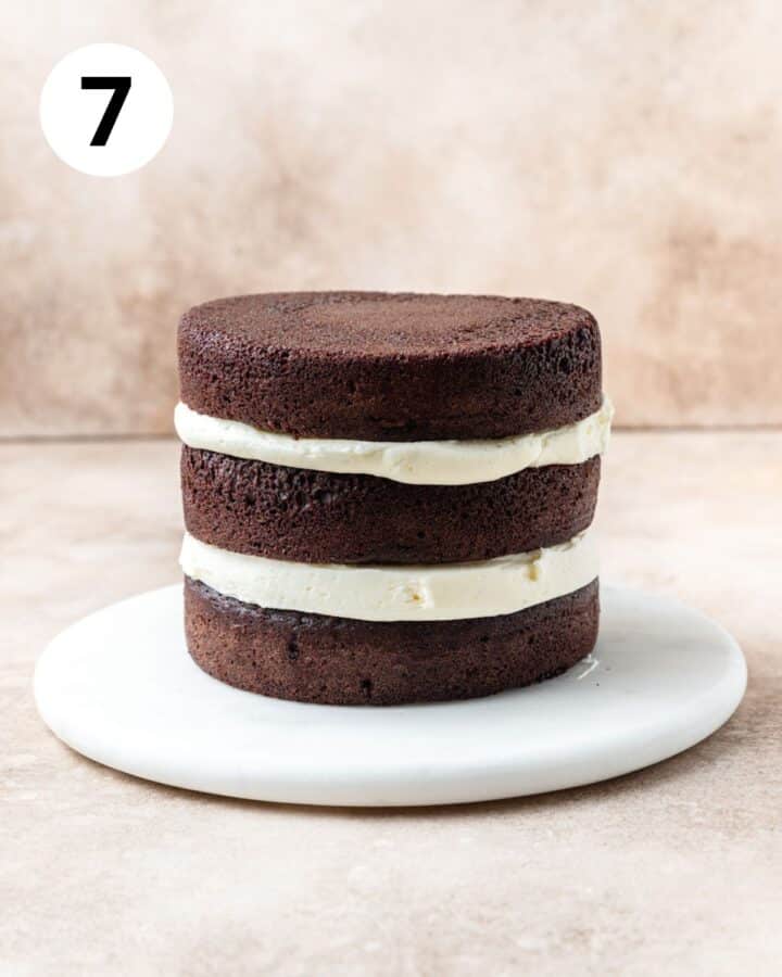 chocolate cake layers stacked together.