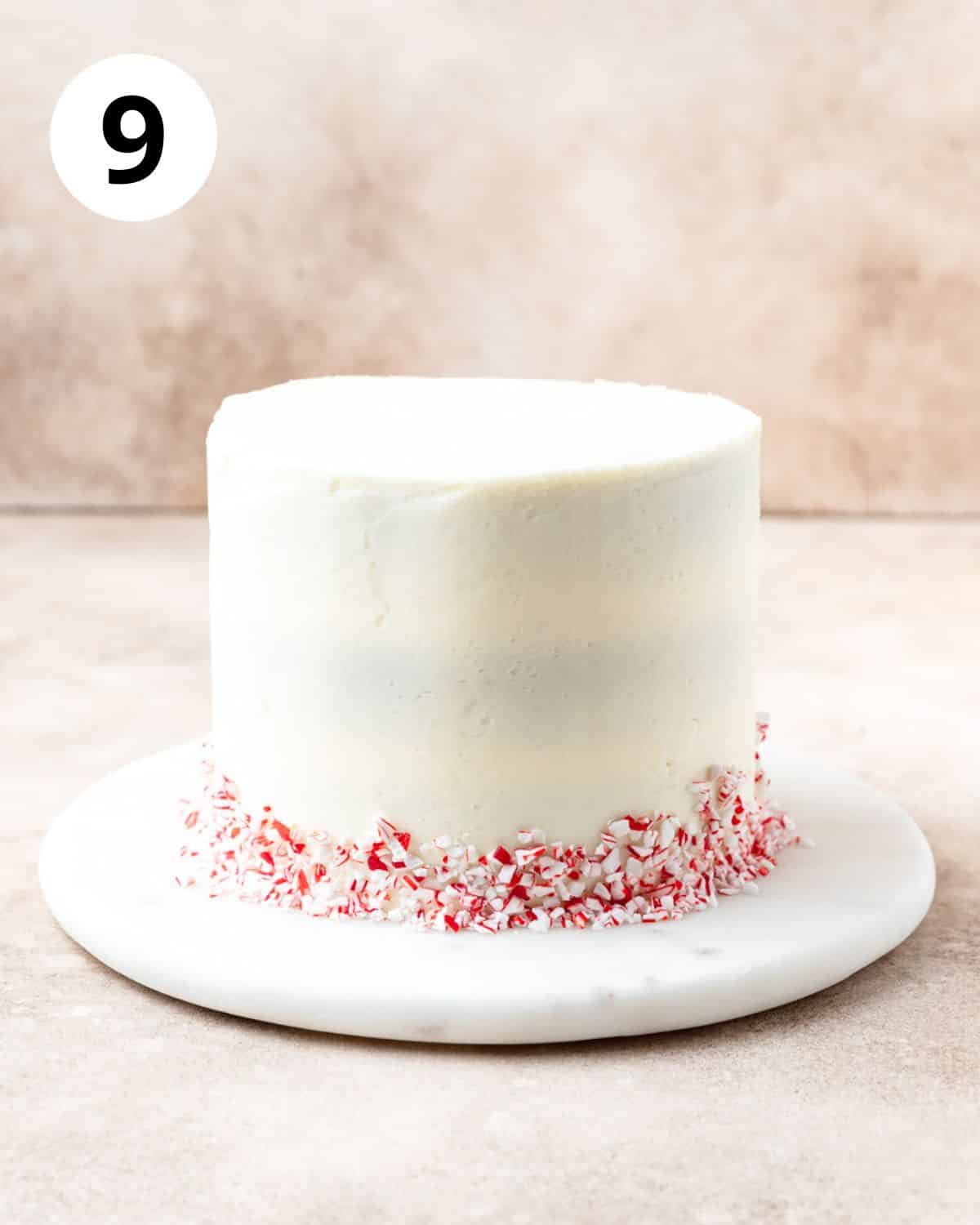 crushed peppermints on bottom of peppermint chocolate cake.