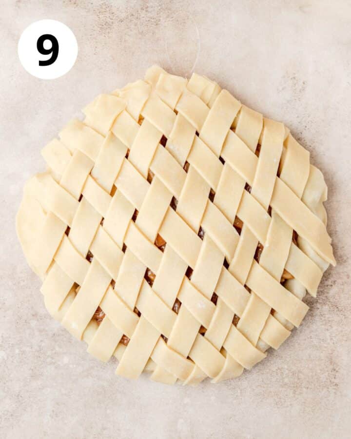 lattice pie crust strips on top of apple pie.
