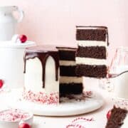 chocolate peppermint layer cake with chocolate ganache and crushed candy canes.
