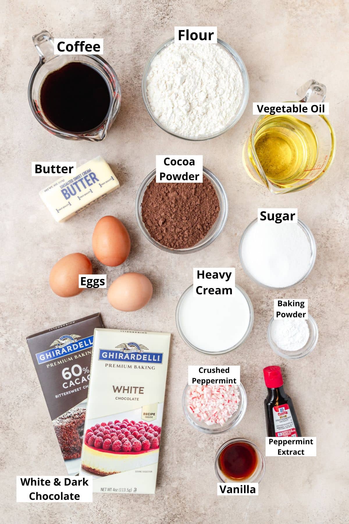ingredients for chocolate peppermint layer cake.