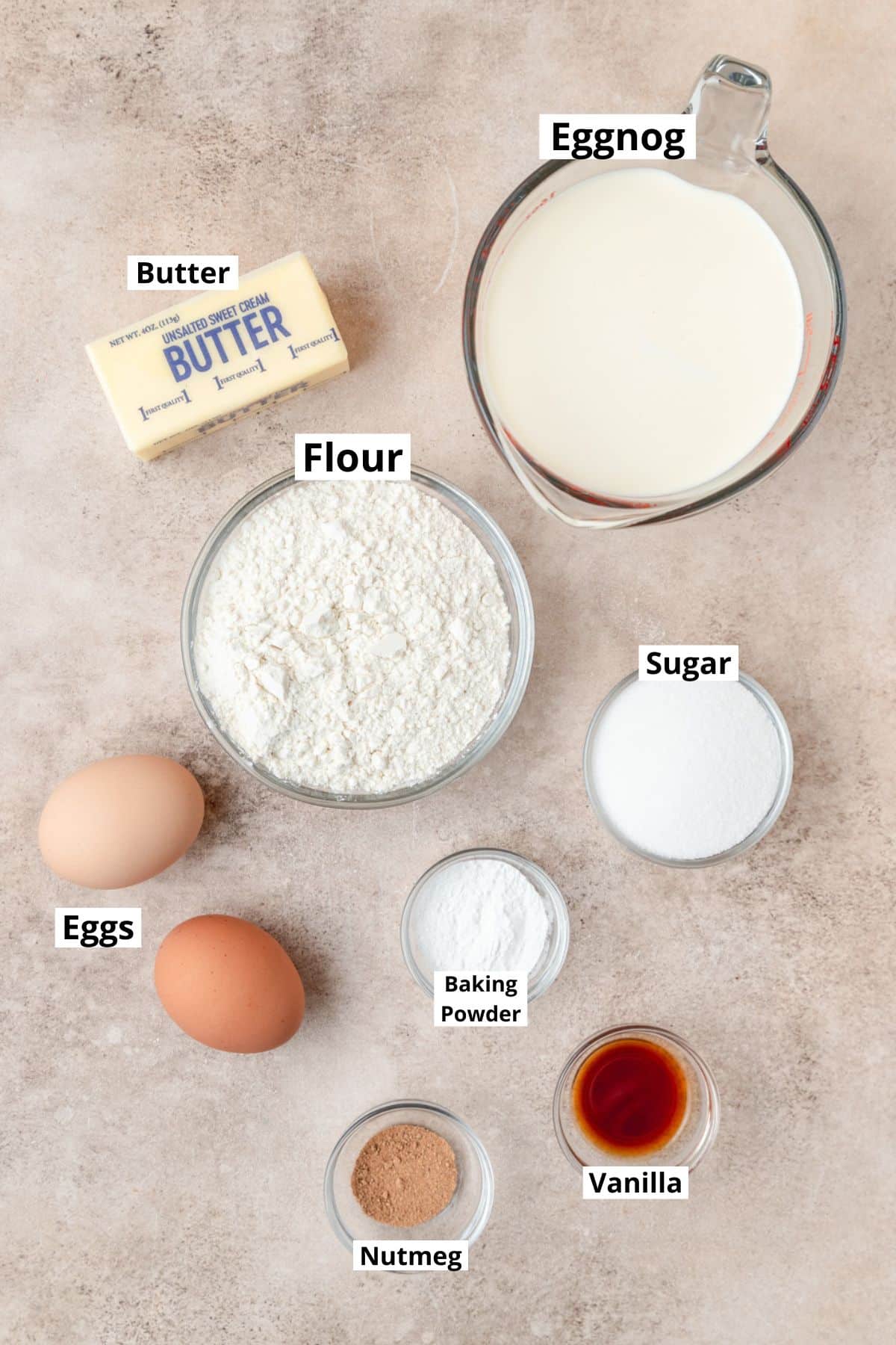 ingredients for eggnog pancakes.