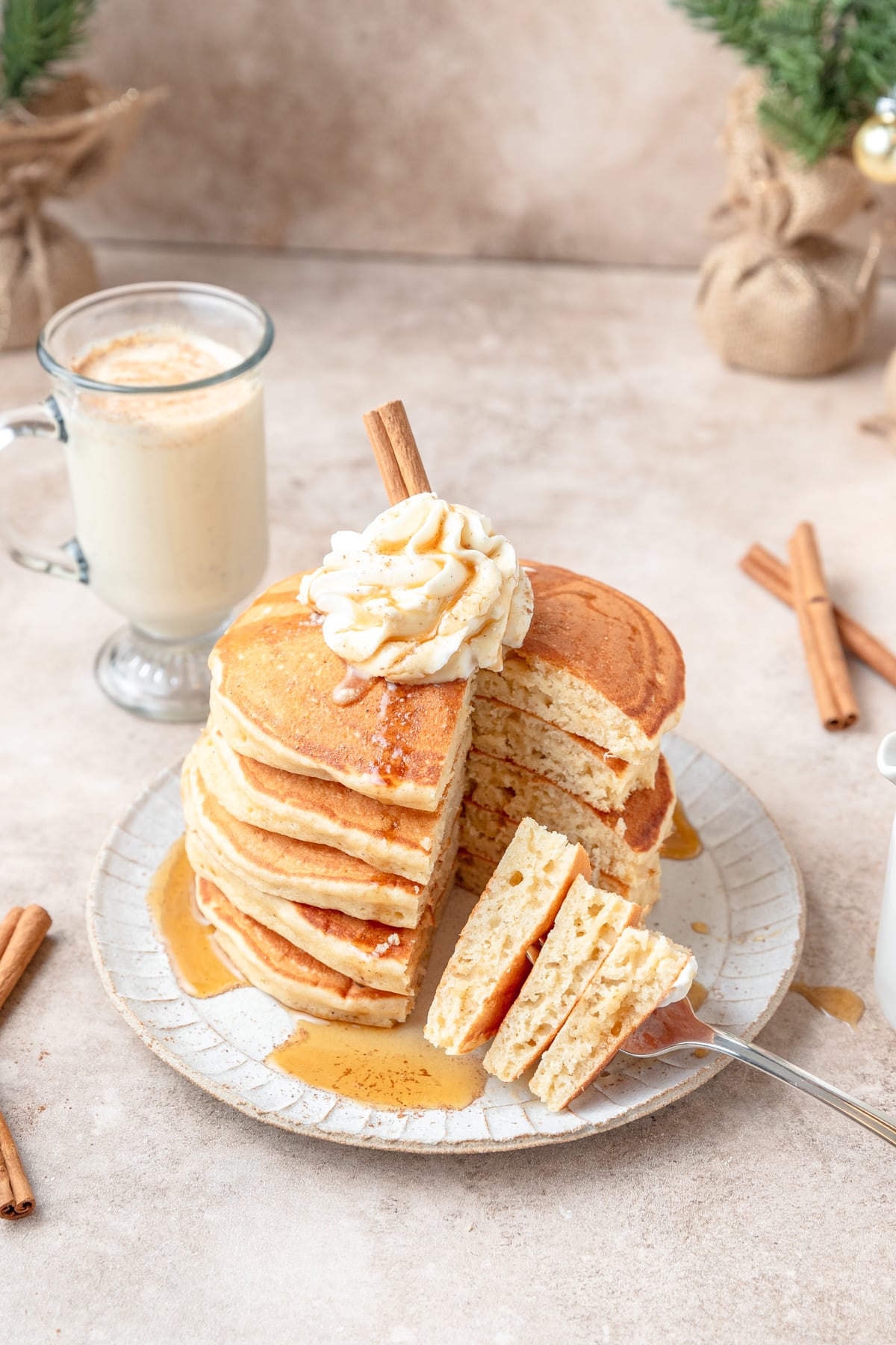 bite taken out of eggnog pancakes.