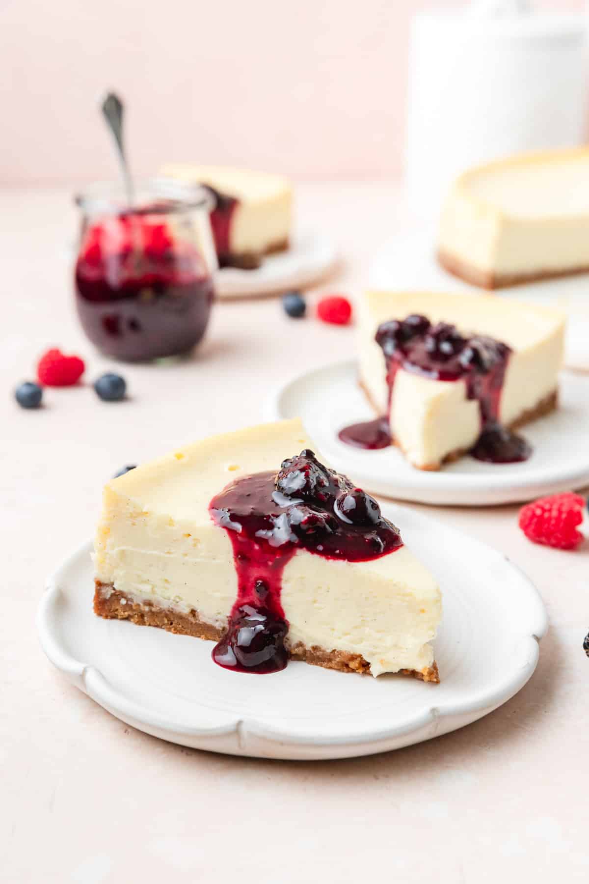 mascarpone cheesecake with berry sauce.
