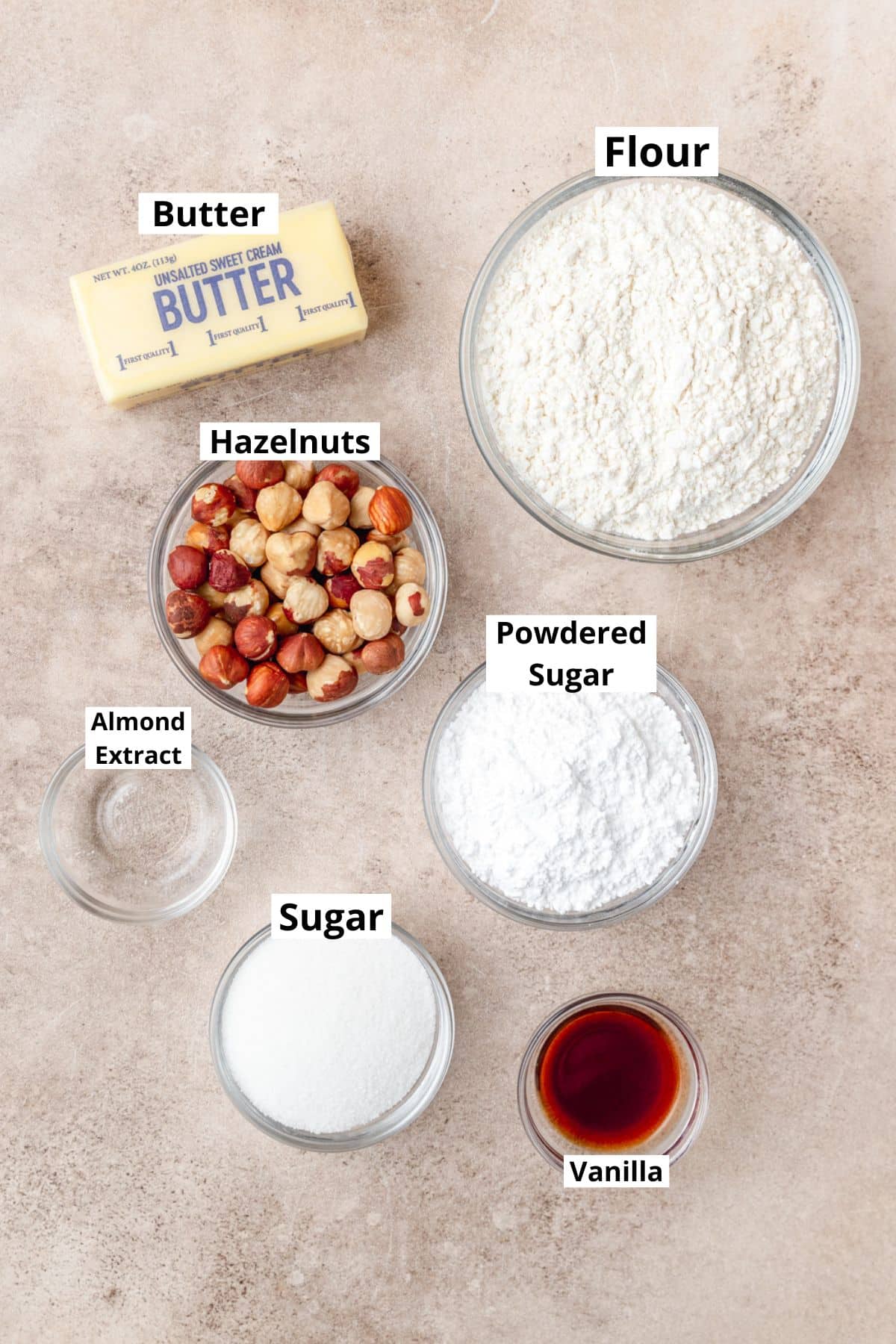 ingredients for snowball cookies.