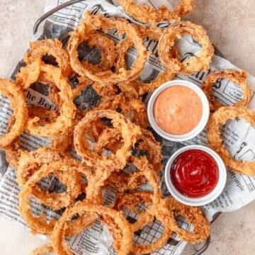 crispy sourdough discard onion rings with fry sauce.