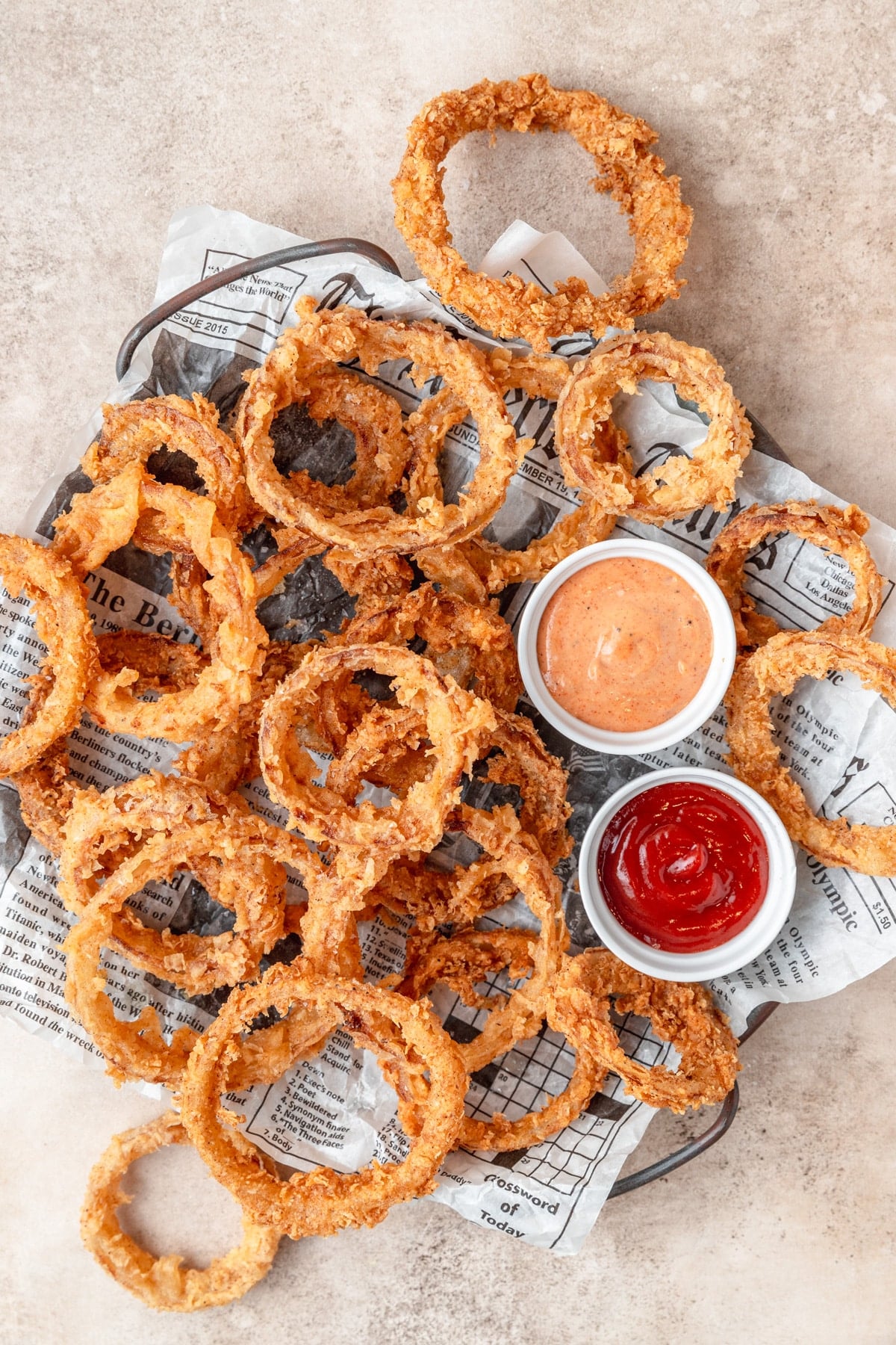 tray of sourdough onion rings.