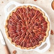 close up of classic pecan pie.