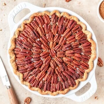 close up of classic pecan pie.