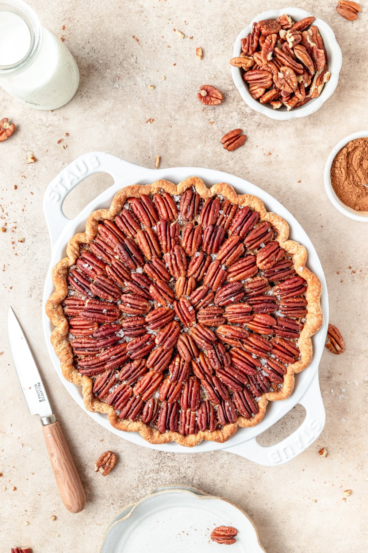 classic pecan pie in pie pan.