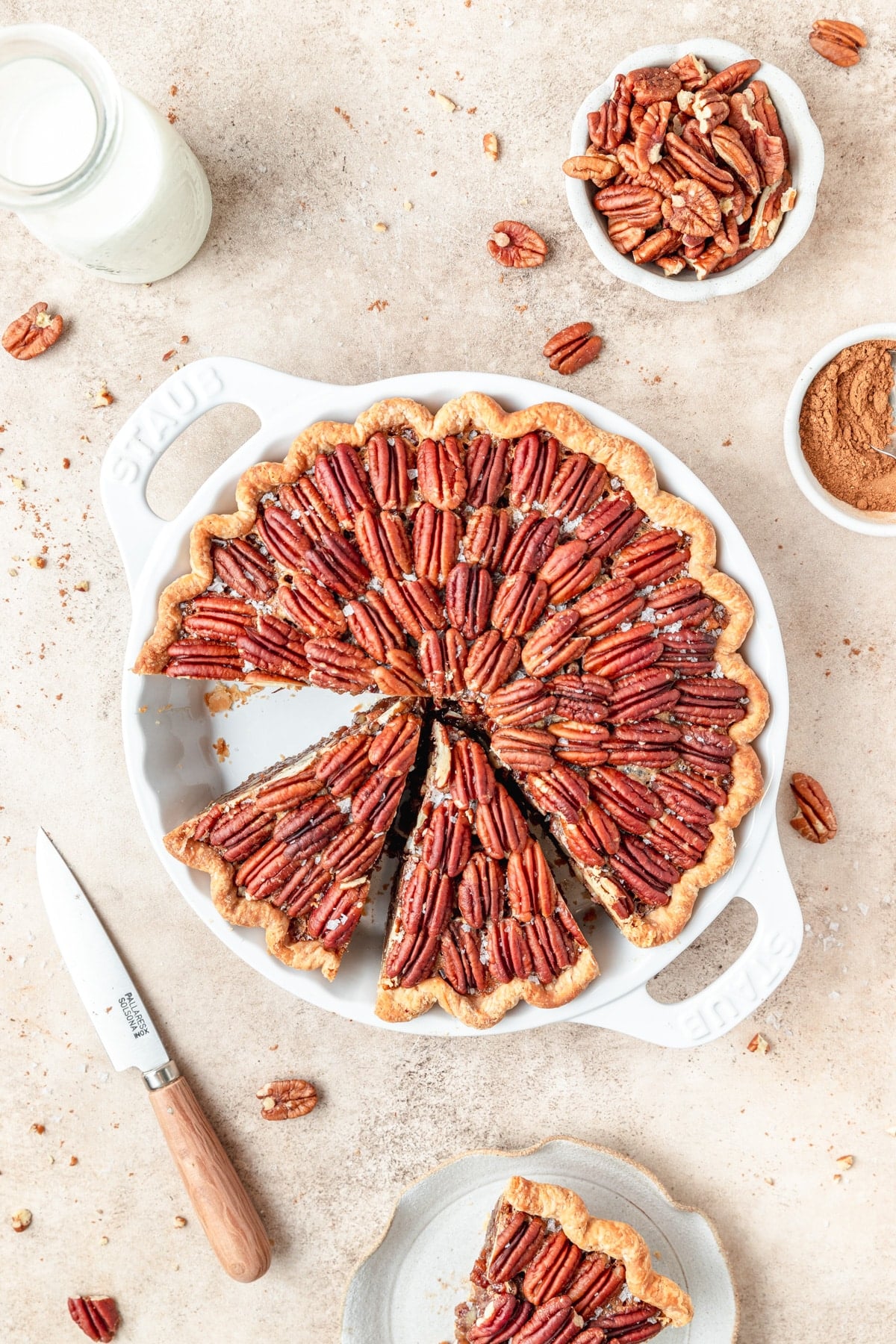 pecan pie cut in slices.