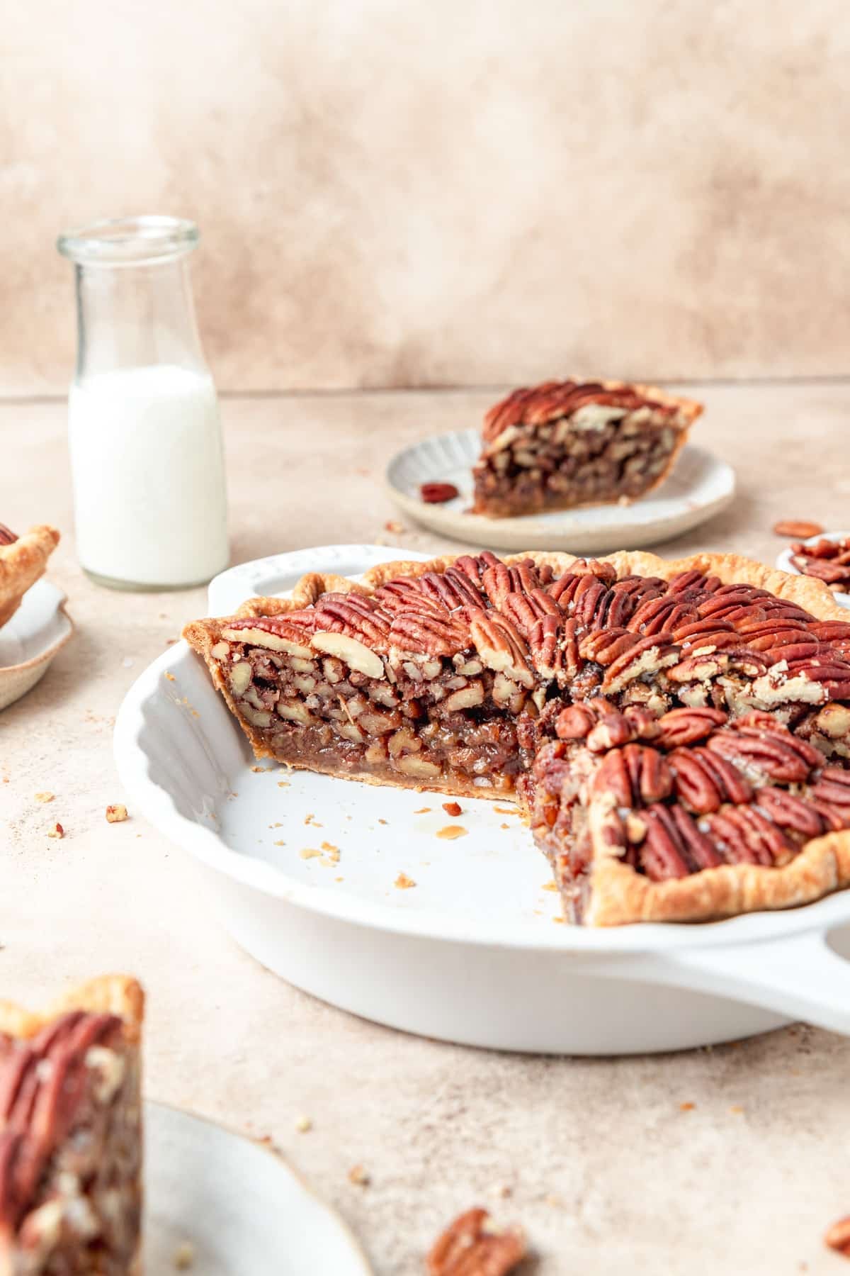 slice cut out of pecan pie.
