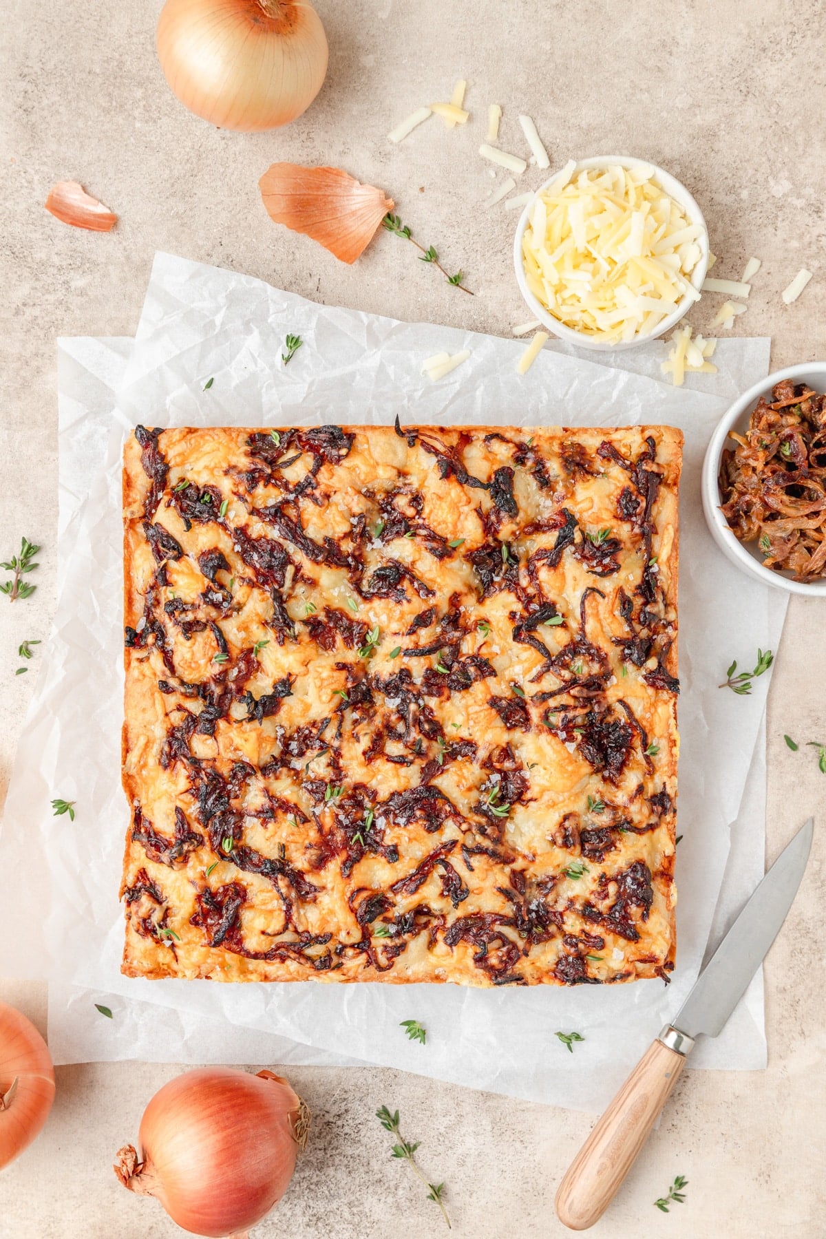 French onion focaccia after baking.