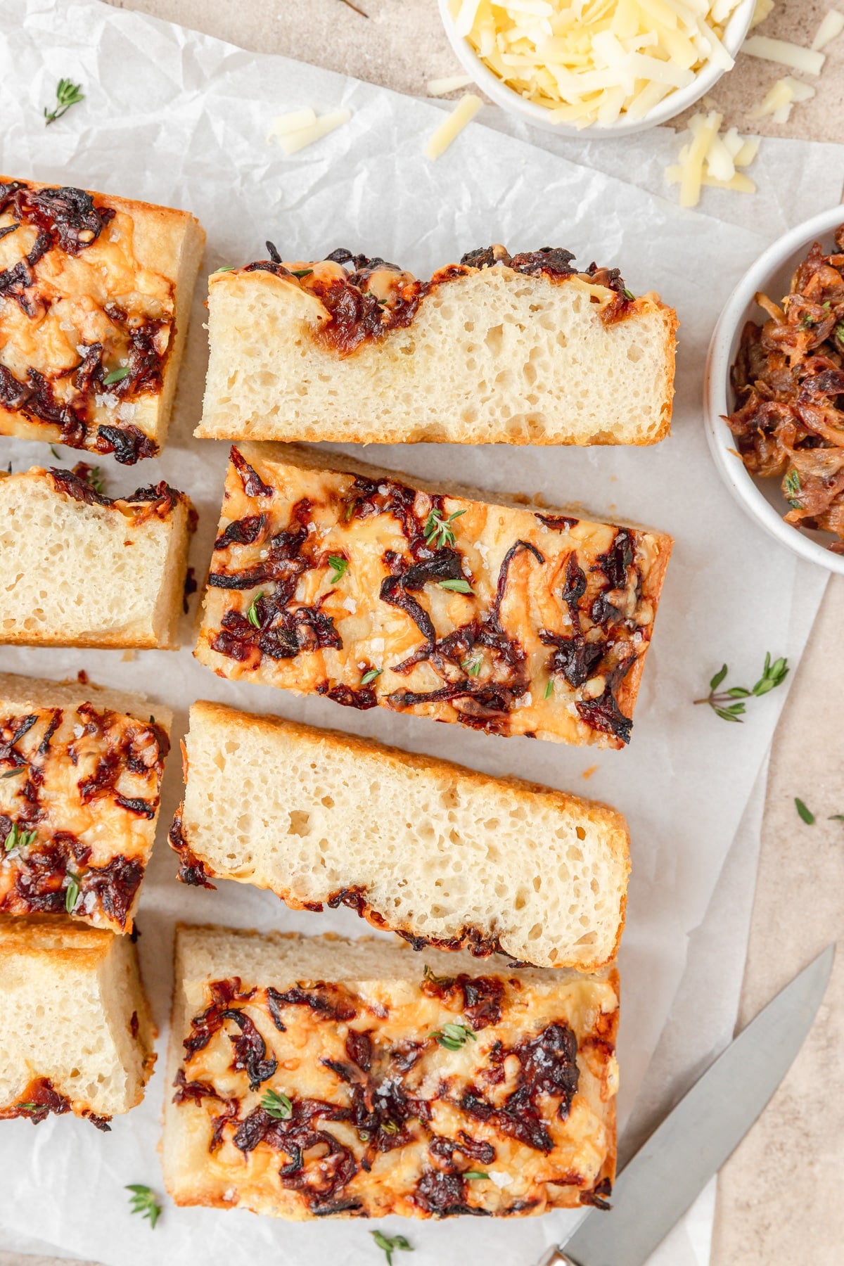 French onion focaccia with gruyere.
