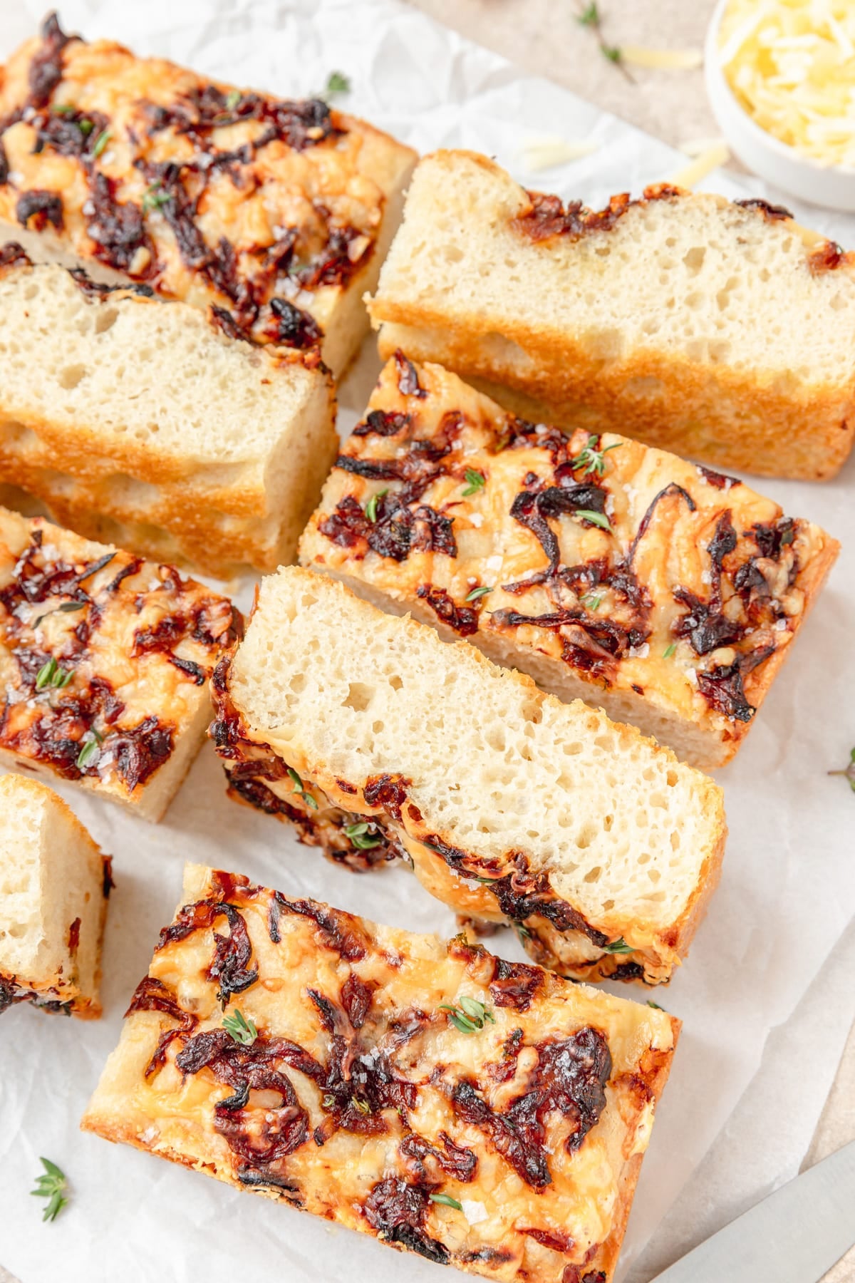 slices of French onion focaccia.