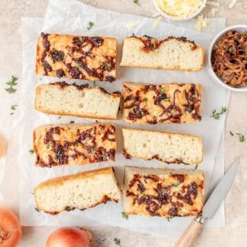 French onion focaccia with gruyere cheese.