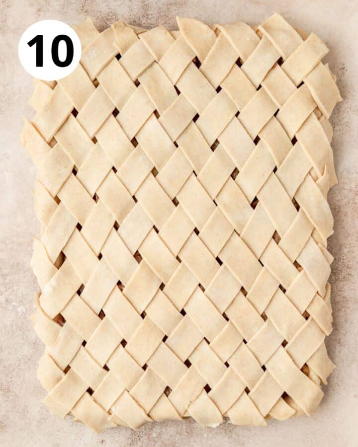 lattice crust on top of slab pie.