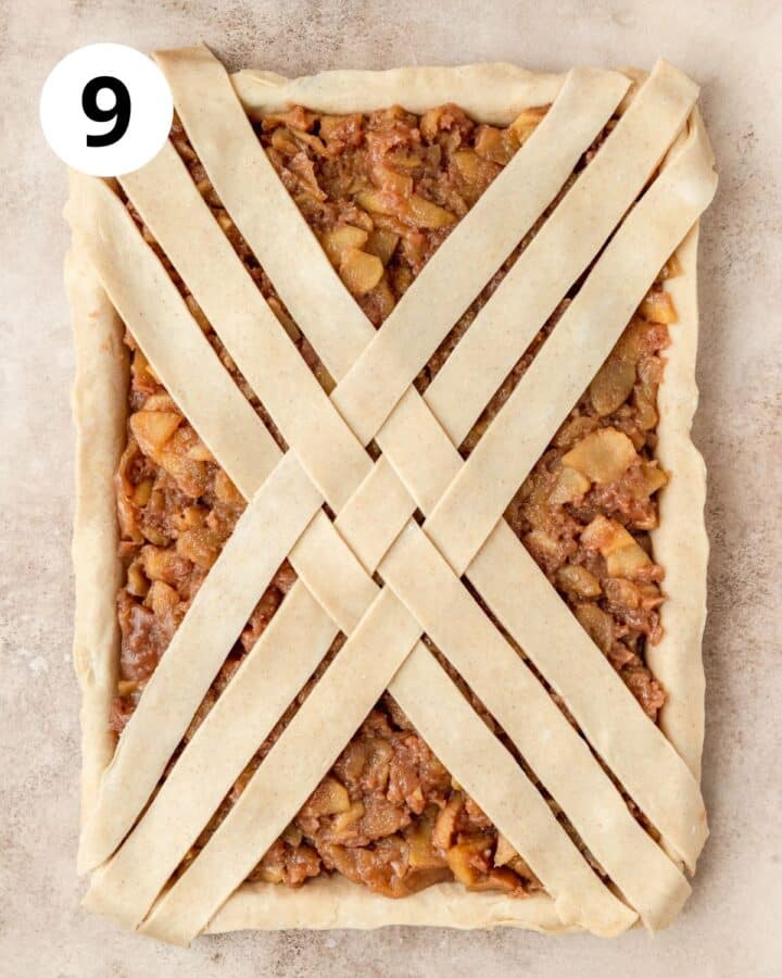 criss crossing strips of pie dough starting in the middle.